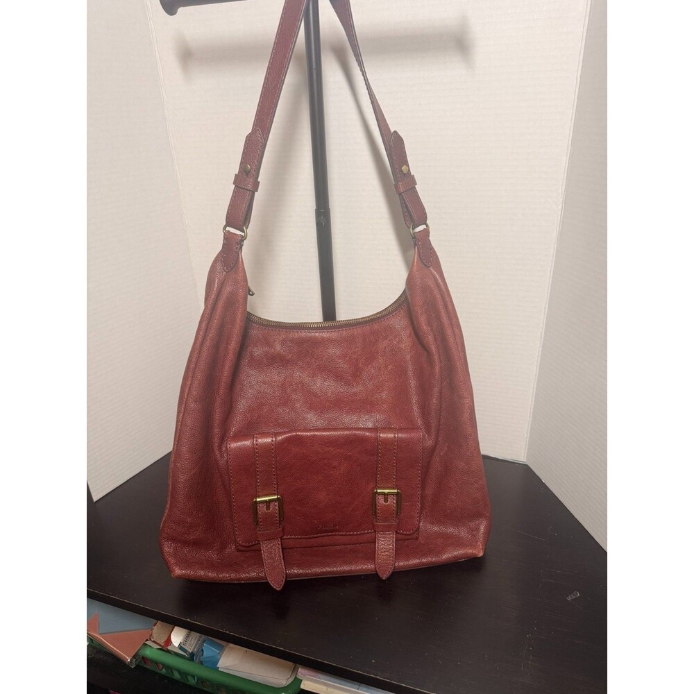 Fossil Cleo Large Burgundy Pebbled Leather Hobo Shoulder Bag Buckle Pocket
